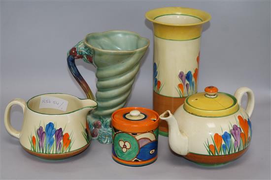 Clarice Cliff preserve lot, three crocus pattern and a vase Tallest 22cm